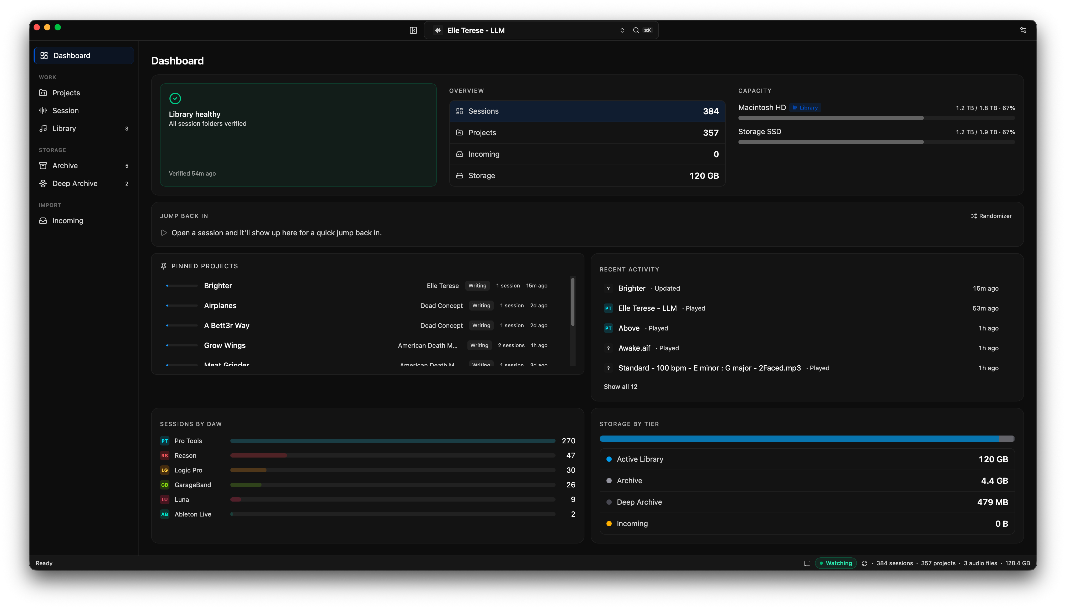 The SessionCodex dashboard: a 'Library healthy' status card, counts for sessions, projects, incoming and storage, drive-capacity meters, a per-DAW session breakdown, pinned projects, and a recent-activity feed.