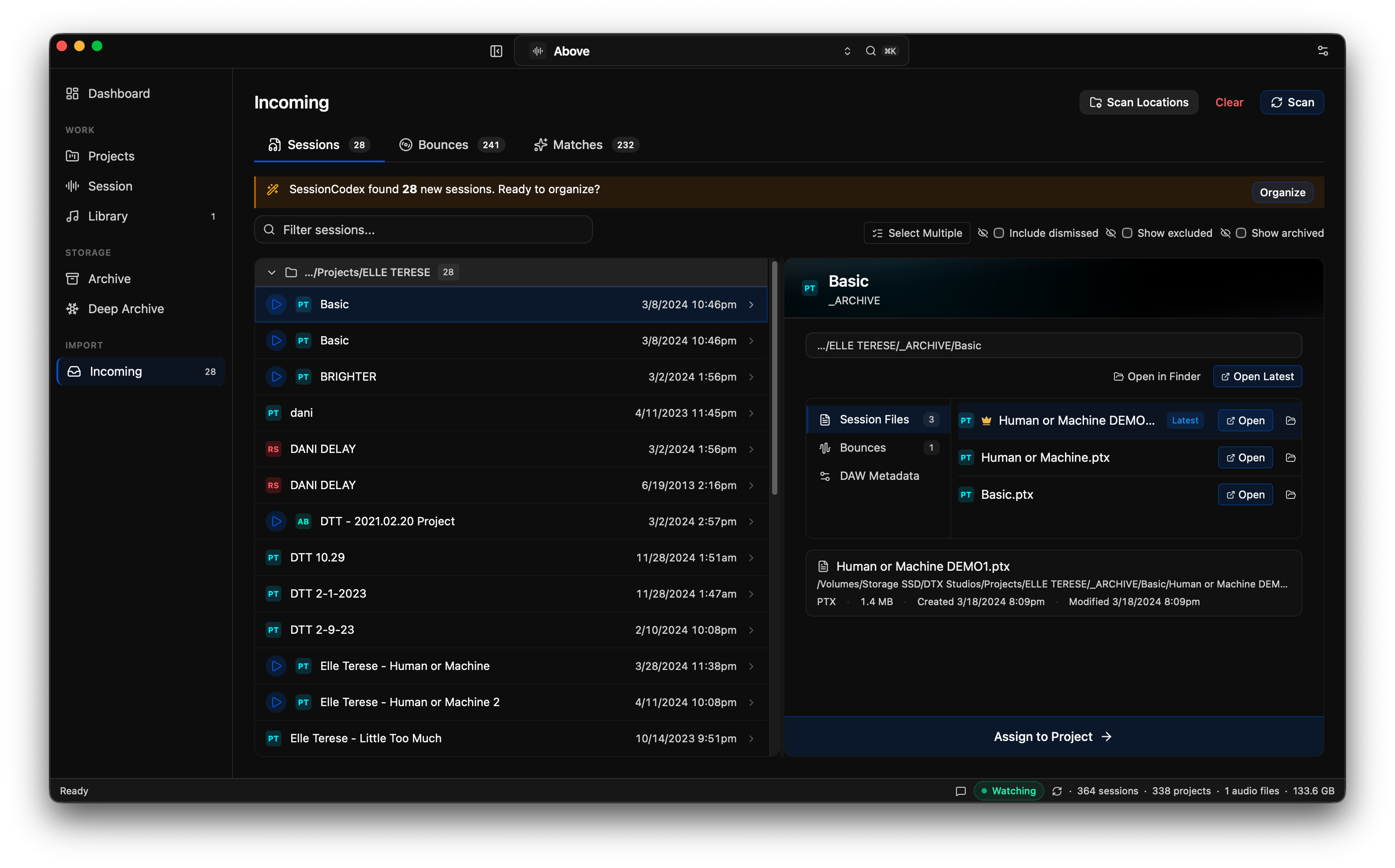 The Incoming view after a scan: a banner reads 'SessionCodex found 28 new sessions. Ready to organize?', a list of newly found sessions with DAW badges and dates, and a detail panel with an 'Assign to Project' button.