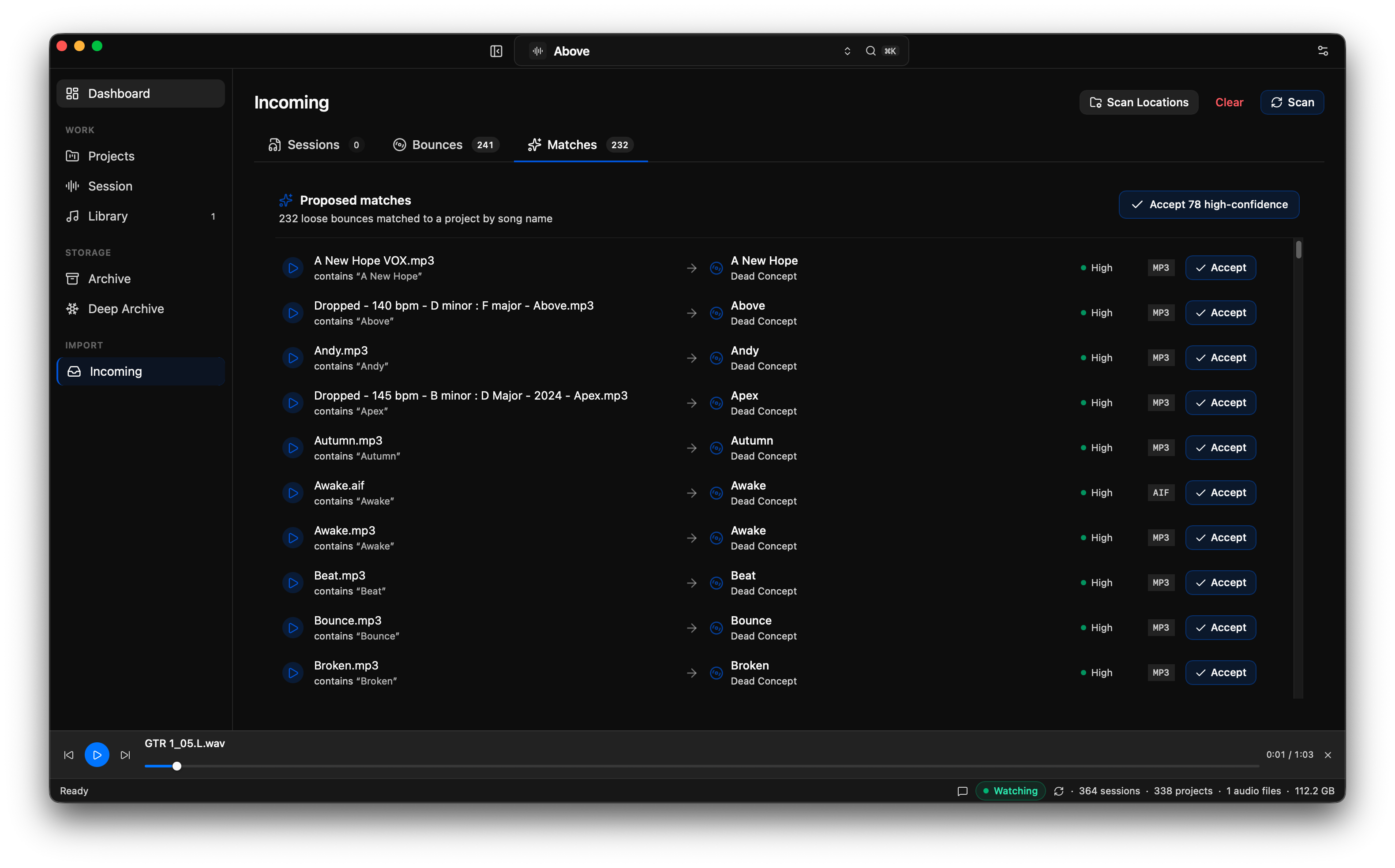 The Matches view: '232 loose bounces matched to a project by song name', a list pairing each bounce file to a project with a 'High' confidence tag and an Accept button, and a header button to accept 78 high-confidence matches at once.