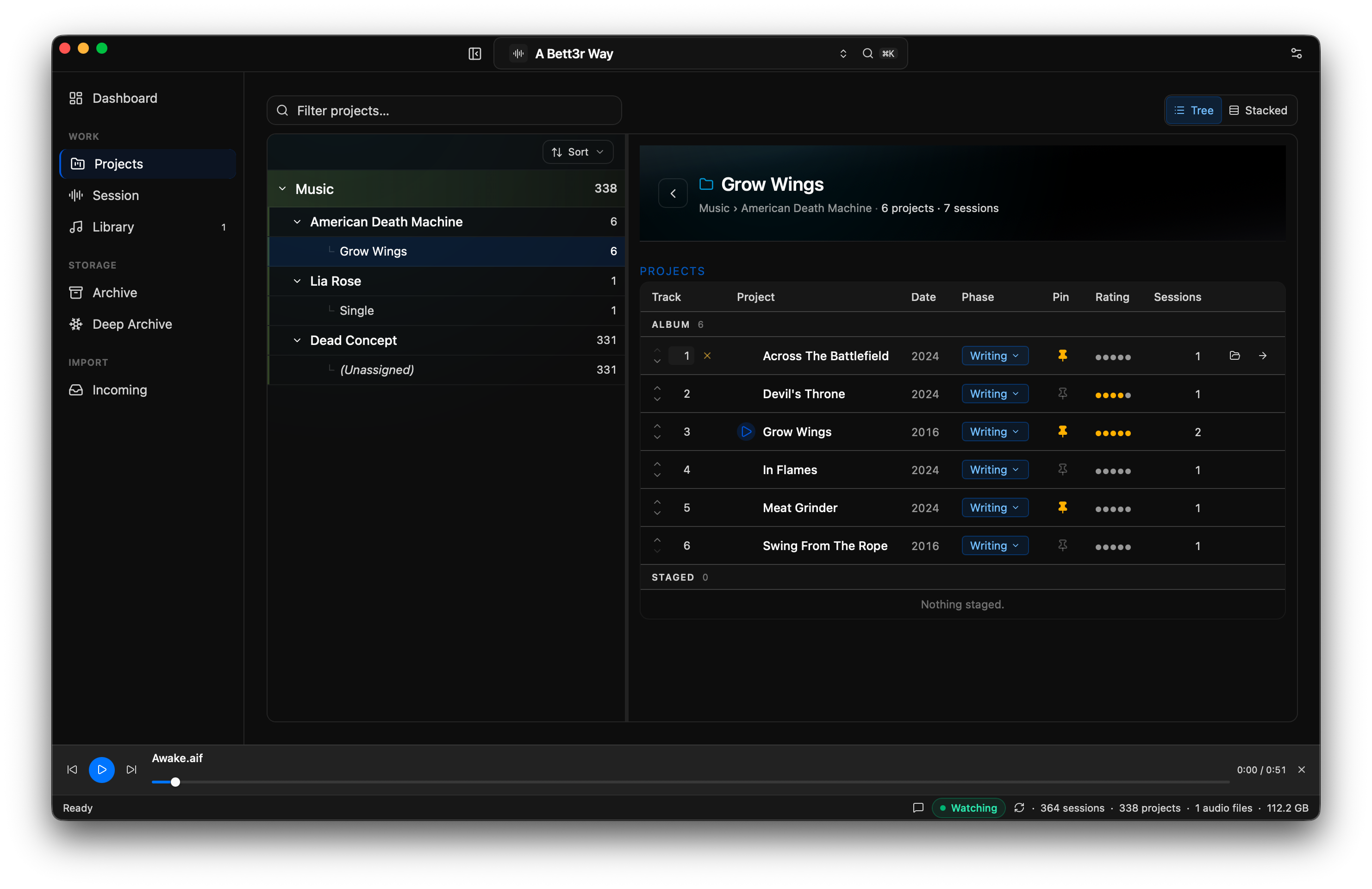 The Projects view: a left-hand tree of artists and albums, and a right-hand table of projects under 'Grow Wings' showing track number, project name, year, a 'Writing' phase tag, pin, star rating, and session count.