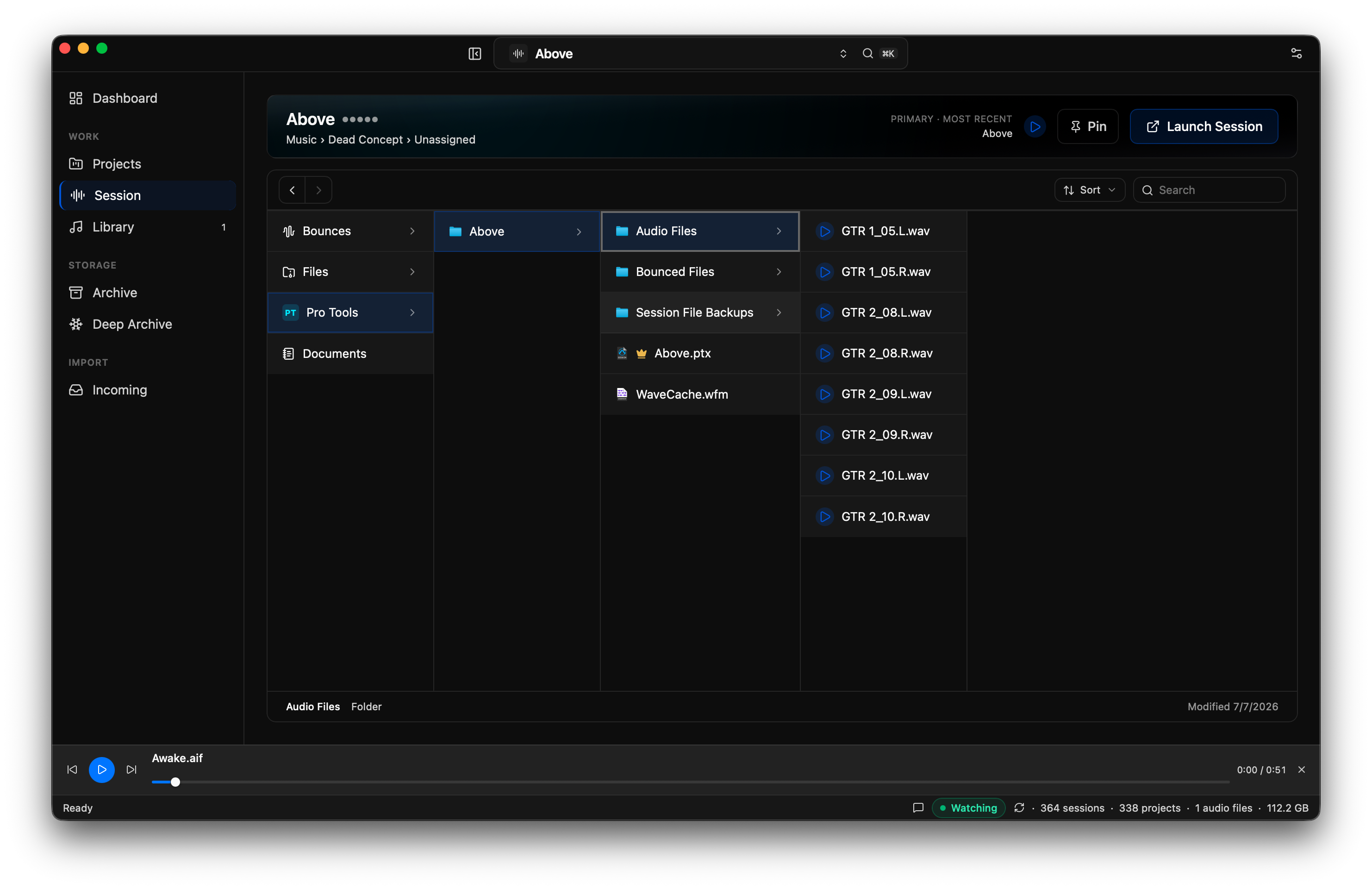 A single session opened in a column browser: folders for Bounces, Files, Pro Tools and Documents drill down to Audio Files, Bounced Files and Session File Backups, then to individual .wav takes, each with a play button.