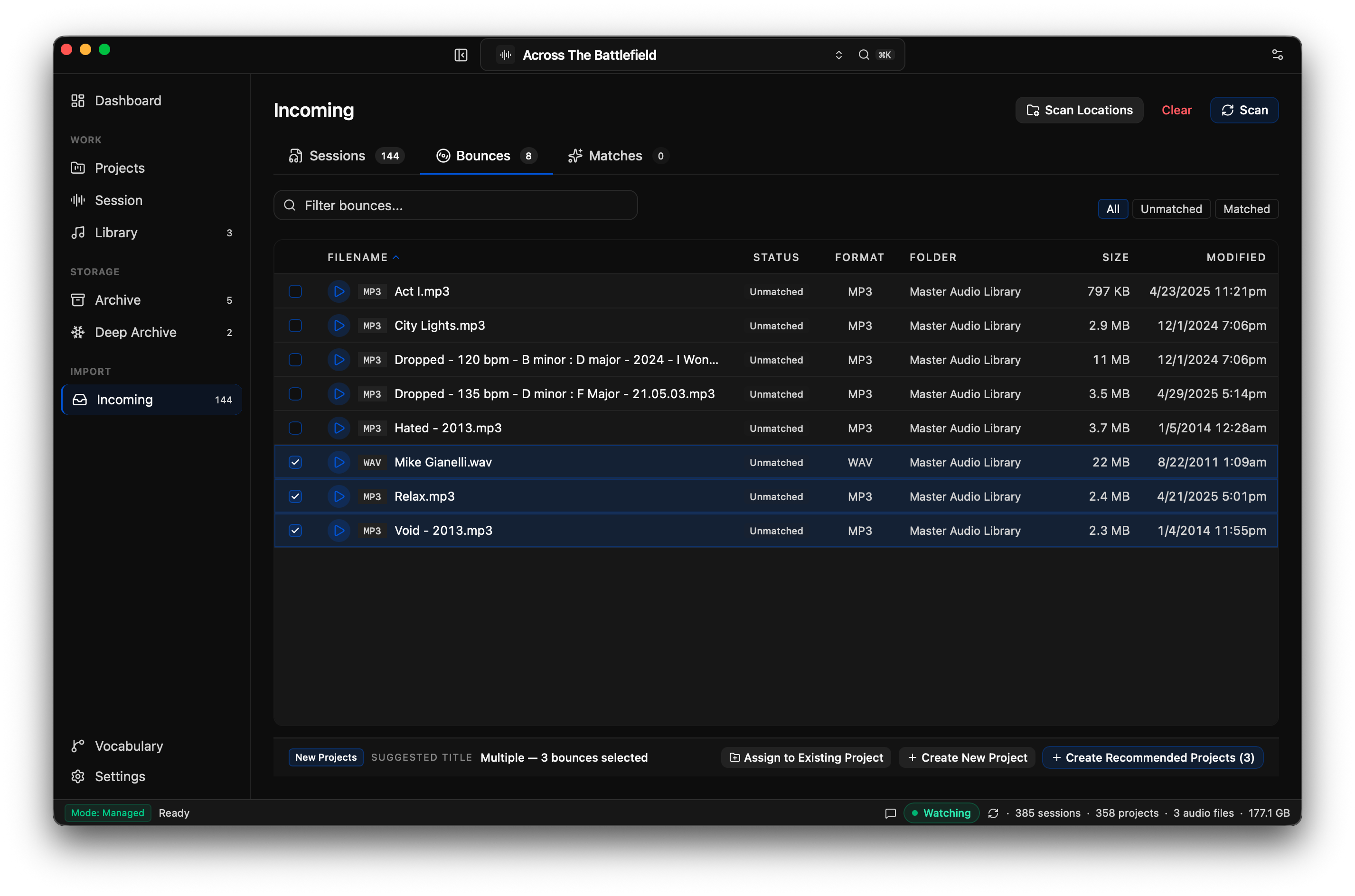 Multiple bounces selected in Incoming with the Create Recommended Projects button