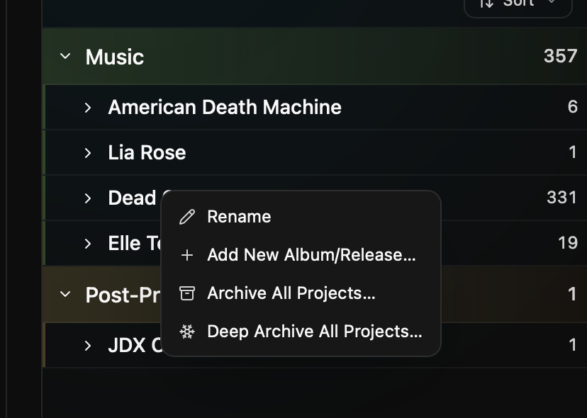 Right-click menu on an artist in the Projects tree showing Archive All Projects
