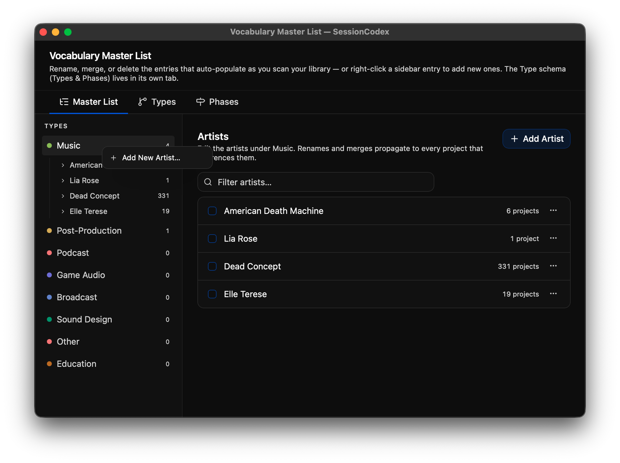 The redesigned Vocabulary Master List window with a right-click menu adding a new artist